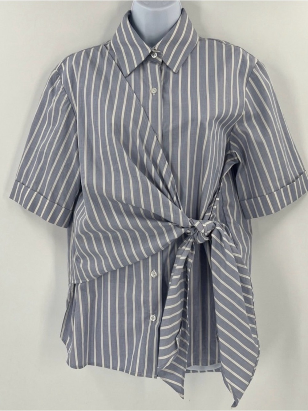 Kal Rieman Shirt Women S Blue Striped Twist Front Tie Waist Button Down USA